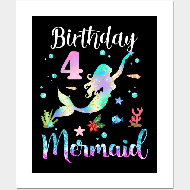 4 Years Old Birthday Mermaid Happy 4th Birthday Wall Art by Vintage White Rose Bouquets